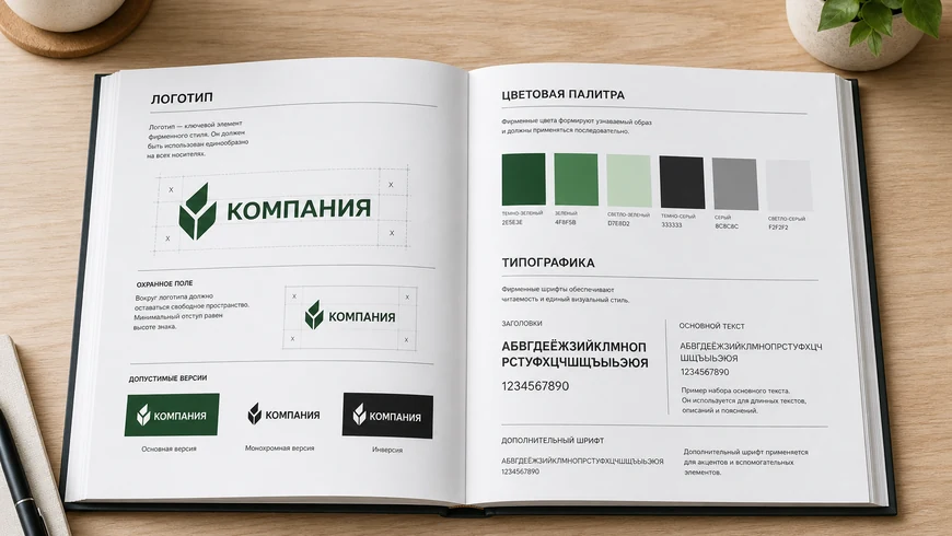 Разворот брендбука компании с логотипом, палитрой и типографикой