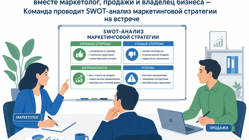 Команда проводит SWOT-анализ маркетинговой стратегии на встрече