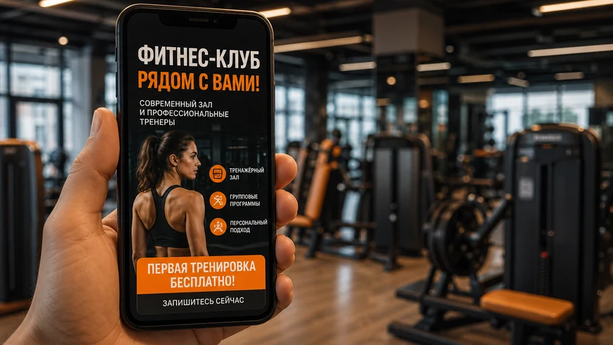 Реклама фитнес-клуба на экране смартфона на фоне тренажёрного зала