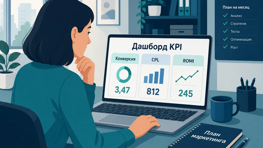 Маркетолог анализирует KPI на дашборде с показателями конверсии и ROMI