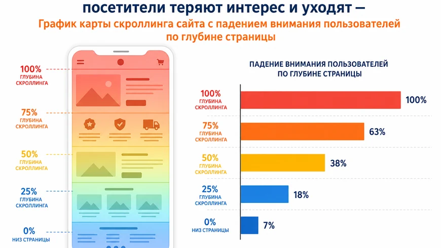 График карты скроллинга сайта с падением внимания пользователей по глубине страницы