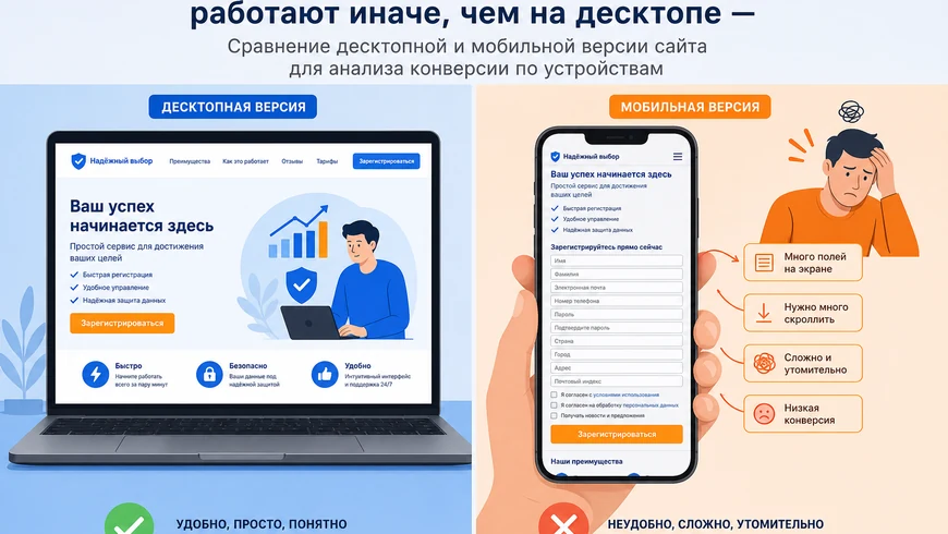 Сравнение десктопной и мобильной версии сайта для анализа конверсии по устройствам