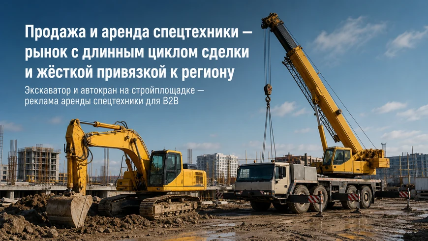 Экскаватор и автокран на стройплощадке — реклама аренды спецтехники для B2B