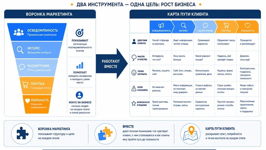 Сравнение воронки продаж и карты пути клиента