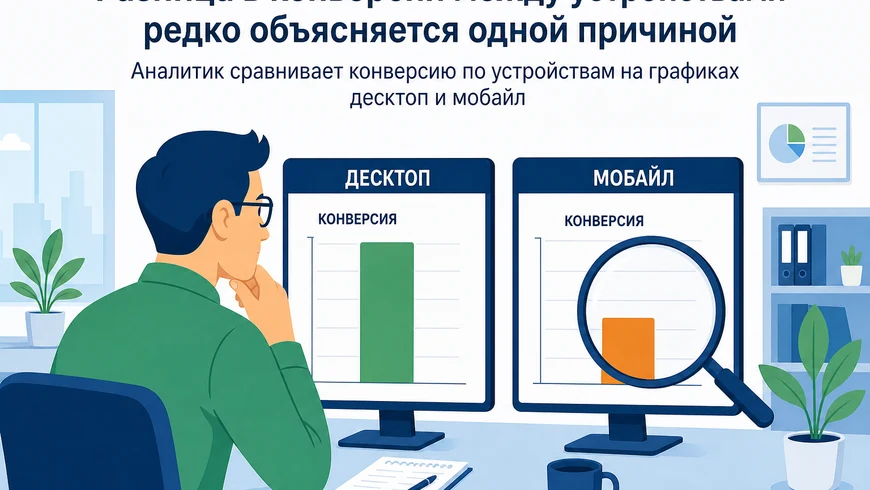Аналитик сравнивает конверсию по устройствам на графиках десктоп и мобайл