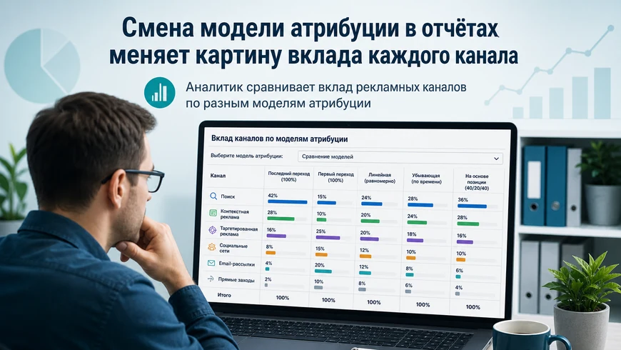 Аналитик сравнивает вклад рекламных каналов по разным моделям атрибуции