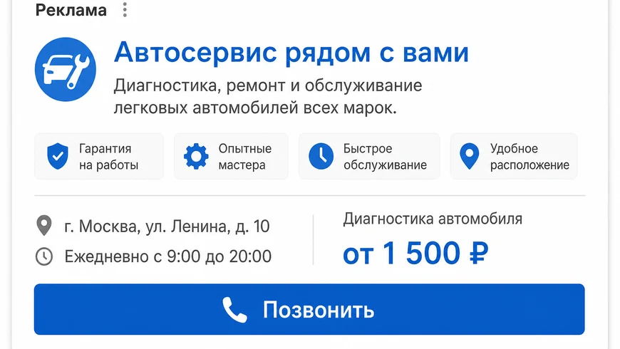 Пример объявления Яндекс Директ для привлечения клиентов автосервиса с ценой услуги