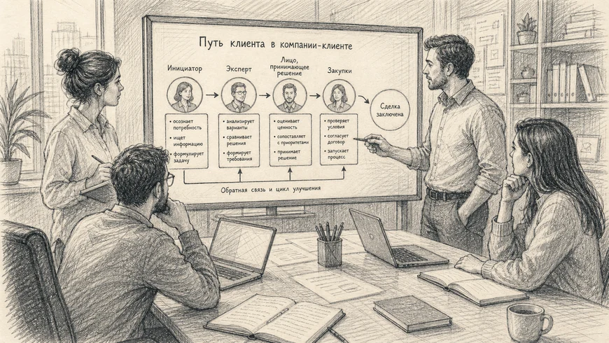 Команда B2B-компании анализирует путь клиента при разработке маркетинговой стратегии