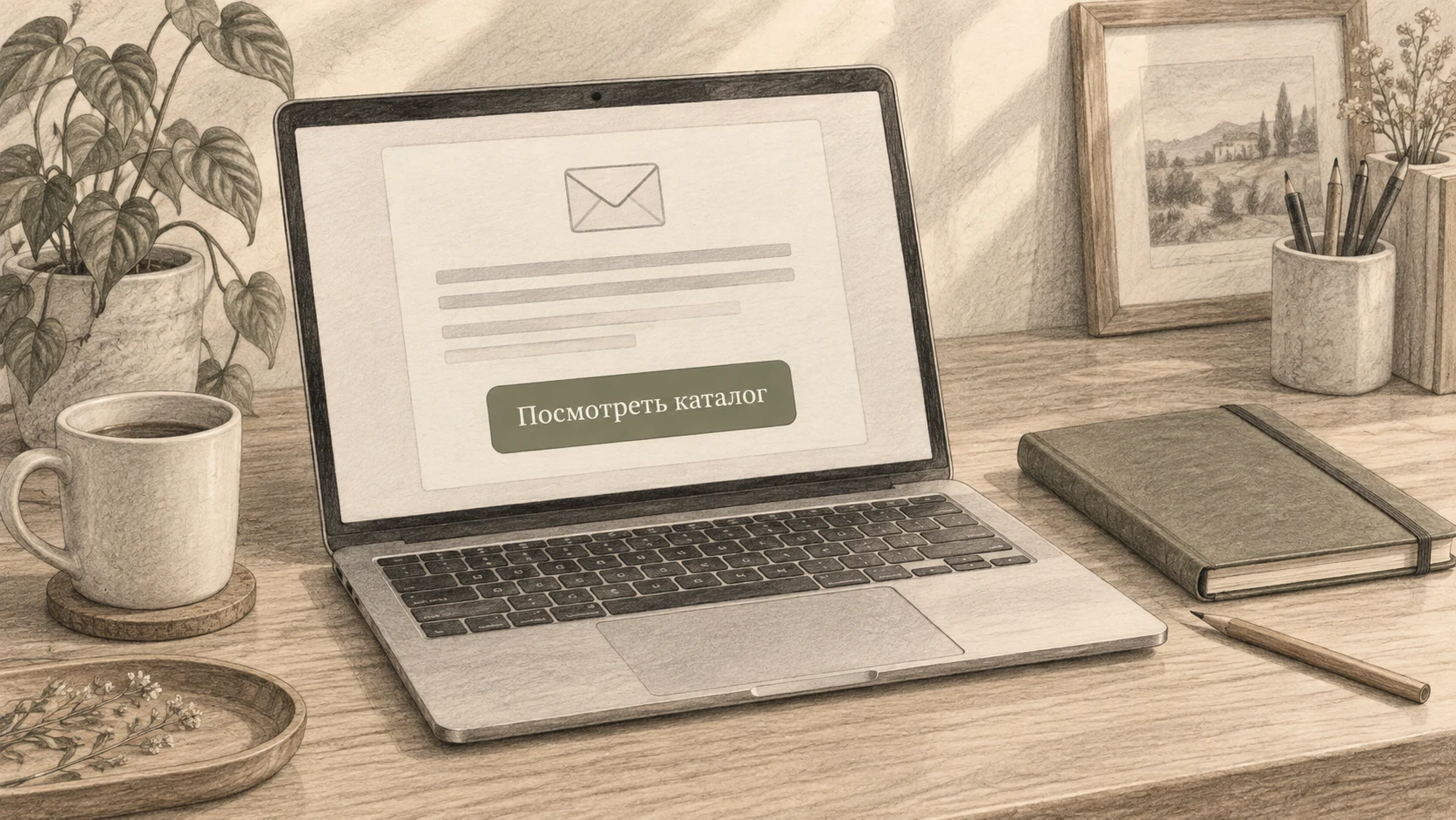 Макет email-письма с заметной кнопкой «Посмотреть каталог» на экране ноутбука